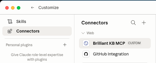 Claude's Customize screen showing Connectors, with a custom Brilliant MCP connector selected.