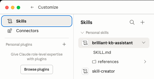 Claude's Customize screen showing Skills, with the knowledge-base Brilliant skill installed under Personal skills.